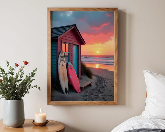 Beach Sunset Wall Art Surf Shack And Boards Picture Coastal Beach Cottage Decor Ocean View Print Sunset Surf Scene Seaside Art