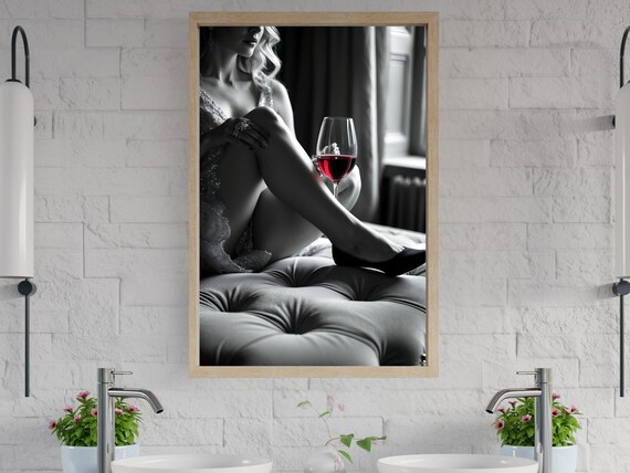Woman in Lace Holding a Glass of Red Wine in Monochrome Poster