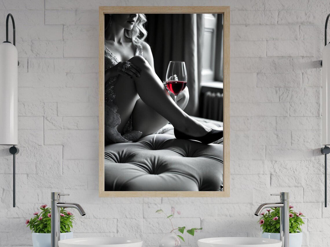 Woman in Lace Holding a Glass of Red Wine in Monochrome Poster