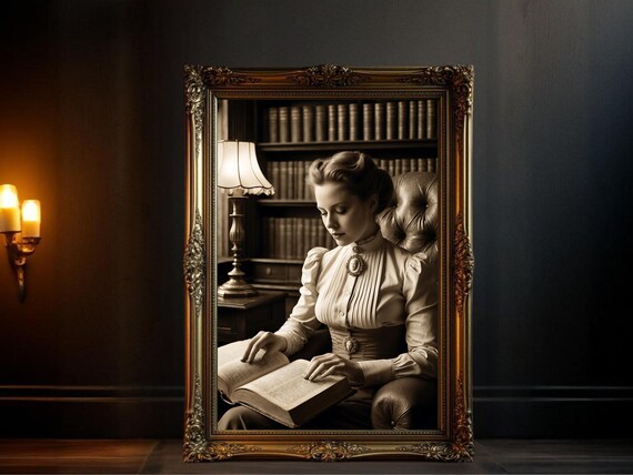 Sepia Vintage Portrait Of A Woman Reading In A Classic Library Poster