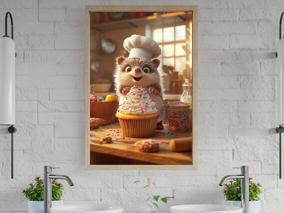 Hedgehog Chef Decorating a Giant Sprinkle Cupcake Kitchen Poster
