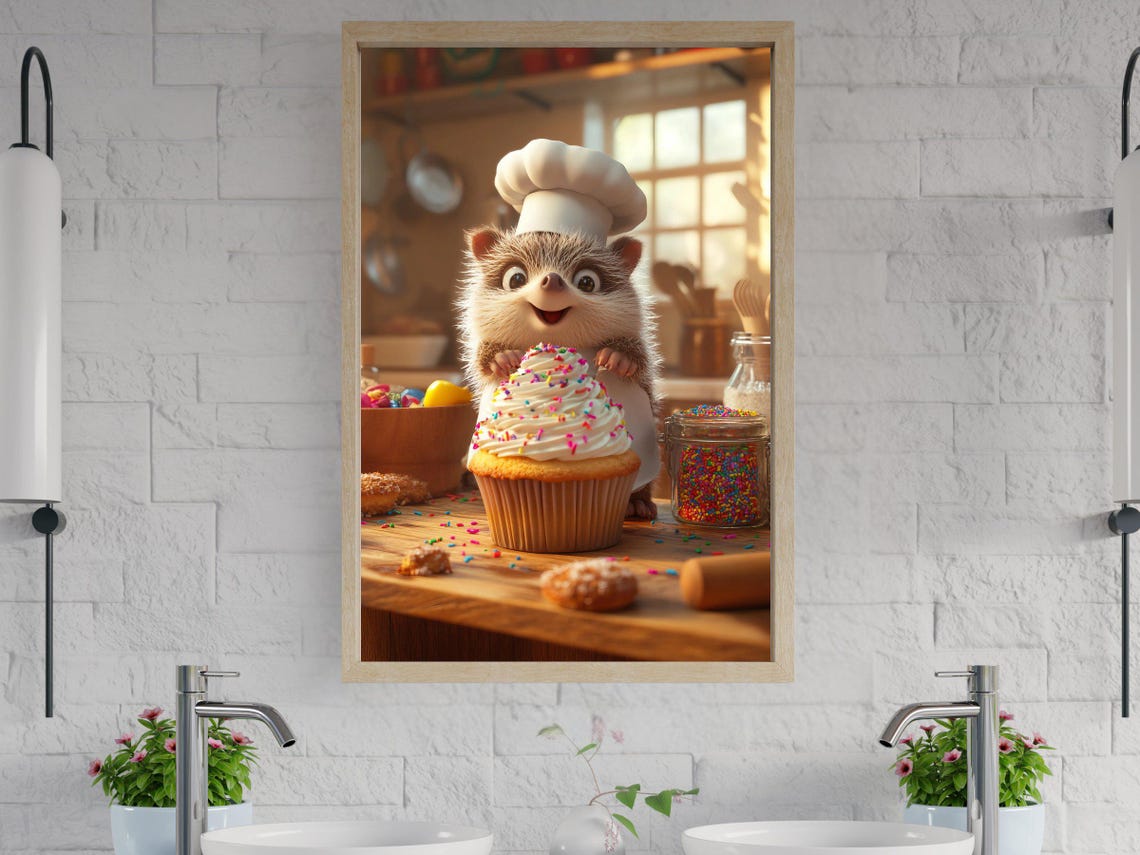 Hedgehog Chef Decorating a Giant Sprinkle Cupcake Kitchen Poster
