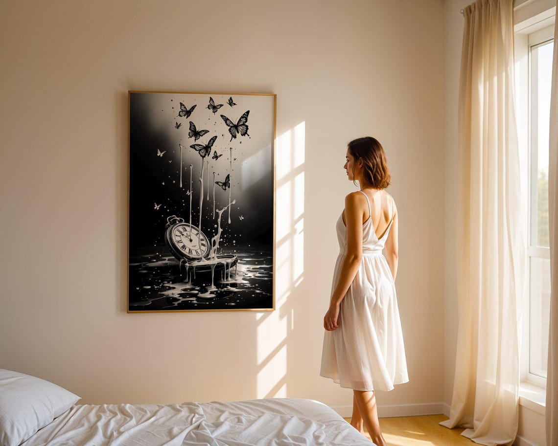 Surreal Melting Clock With Butterflies Art Print Black And White Artwork Dreamlike Wall Art Modern Home Decor Unique Gift - Image 5