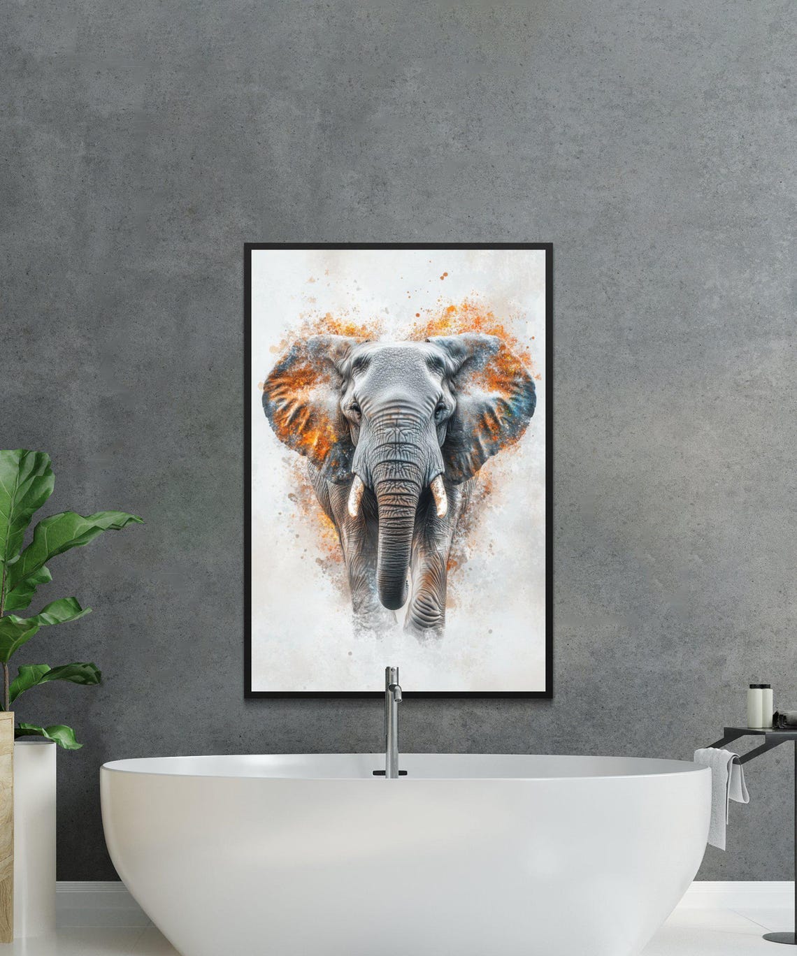 Majestic Elephant Watercolor Portrait With Warm Orange Splash Poster - Image 4