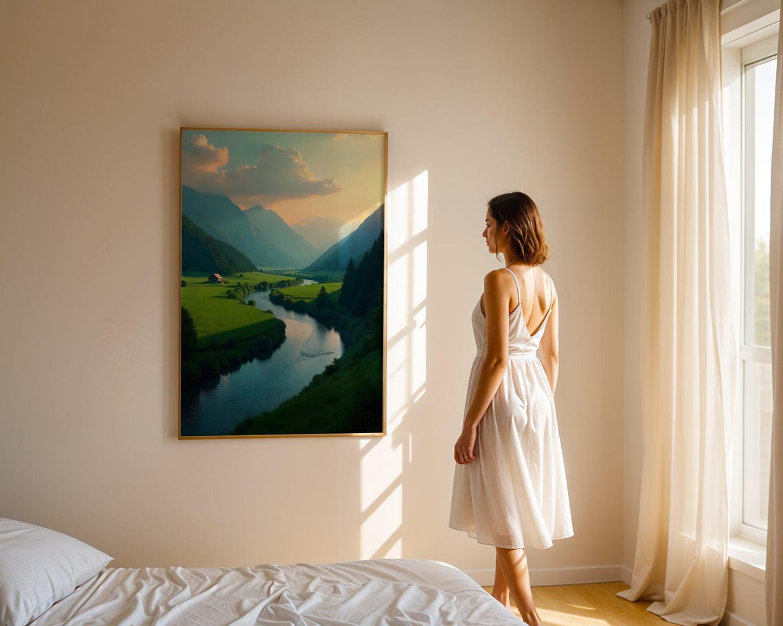 Peaceful Mountain River Valley With Cabin Beneath Sunset Clouds Poster - Image 2