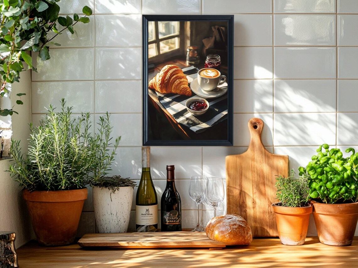 Croissant and Latte Art Cozy French Cafe Morning Scene Poster - Image 2