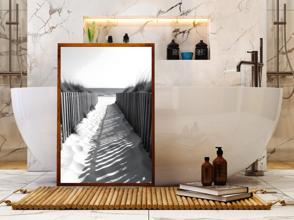 Black and White Beach Path Between Wooden Fences Photo Poster - Image 2