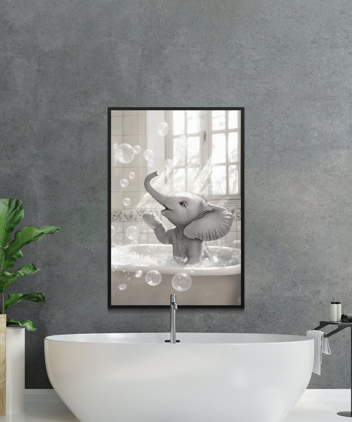 Baby Elephant Playing With Bubbles in a Big White Tub Poster - Image 2