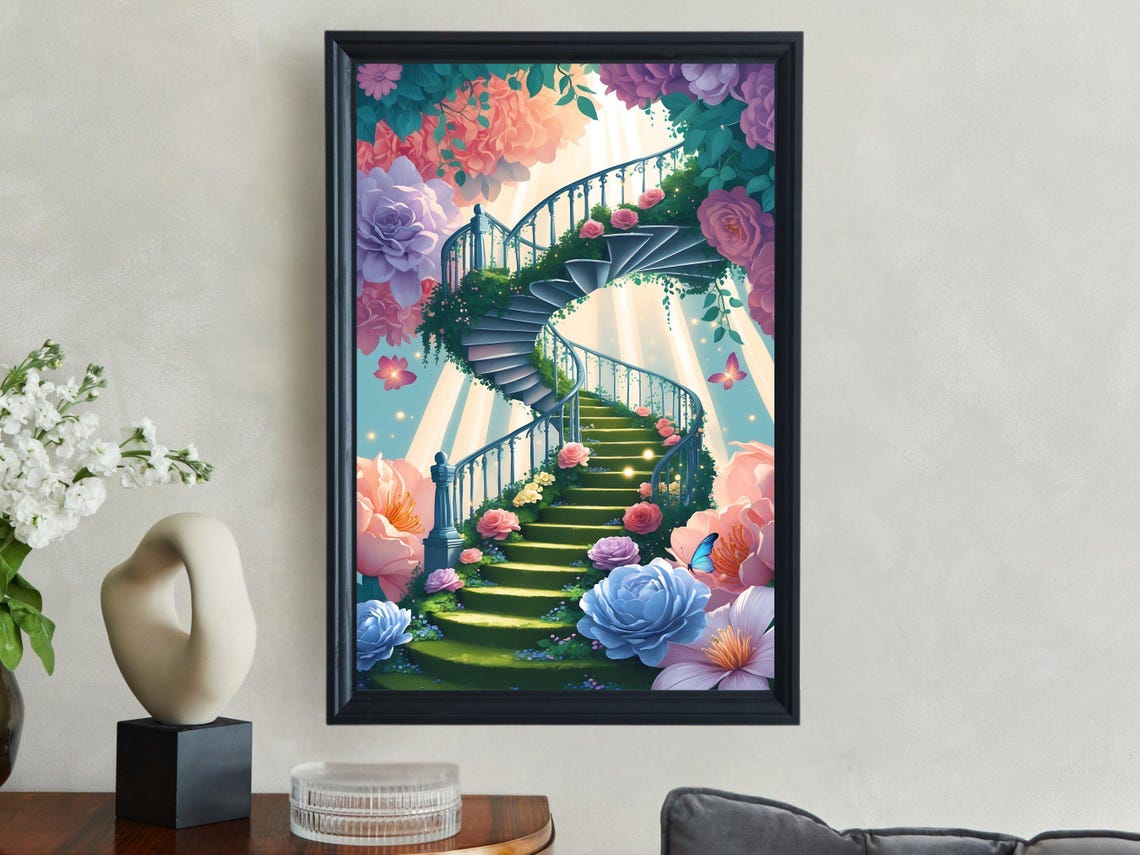 Spiral Flower Staircase Climbing Into Light Heavenly Art Print