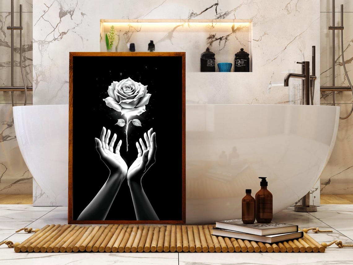 Hands Holding a Glowing White Rose on Black Dramatic Floral Art Poster - Image 4