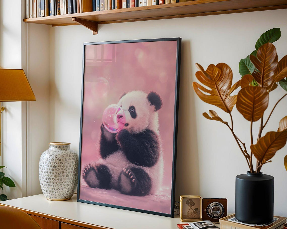 Sitting Baby Panda Blowing Pink Bubble Blush Pink Art Poster - Image 2