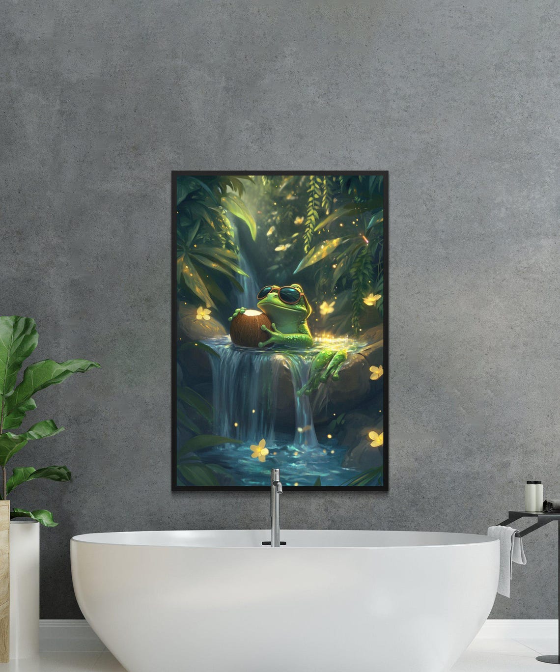 Frog in Sunglasses With a Coconut by a Jungle Waterfall Poster - Image 2