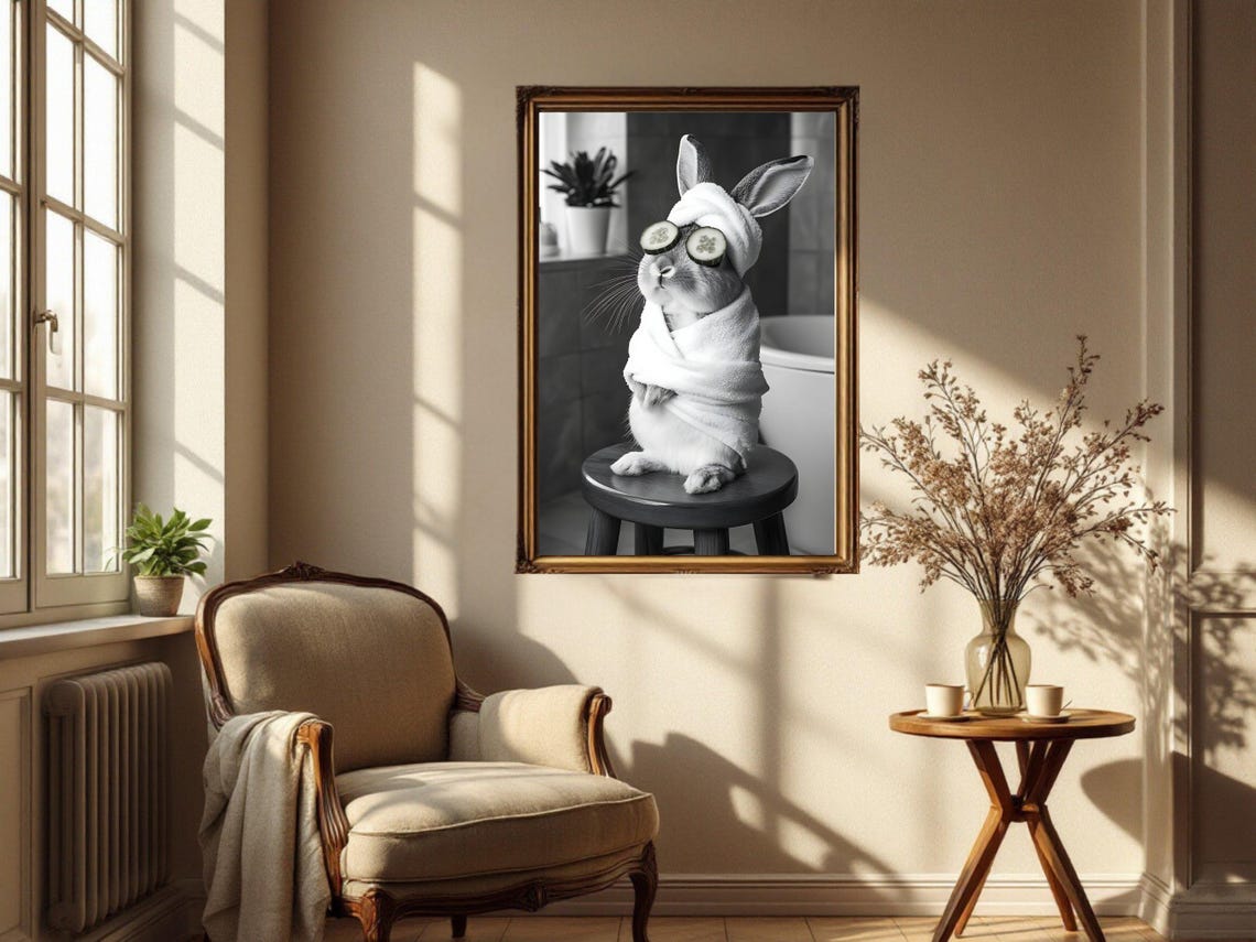 Bunny Spa Day With Cucumber Slices Black And White Animal Poster - Image 4