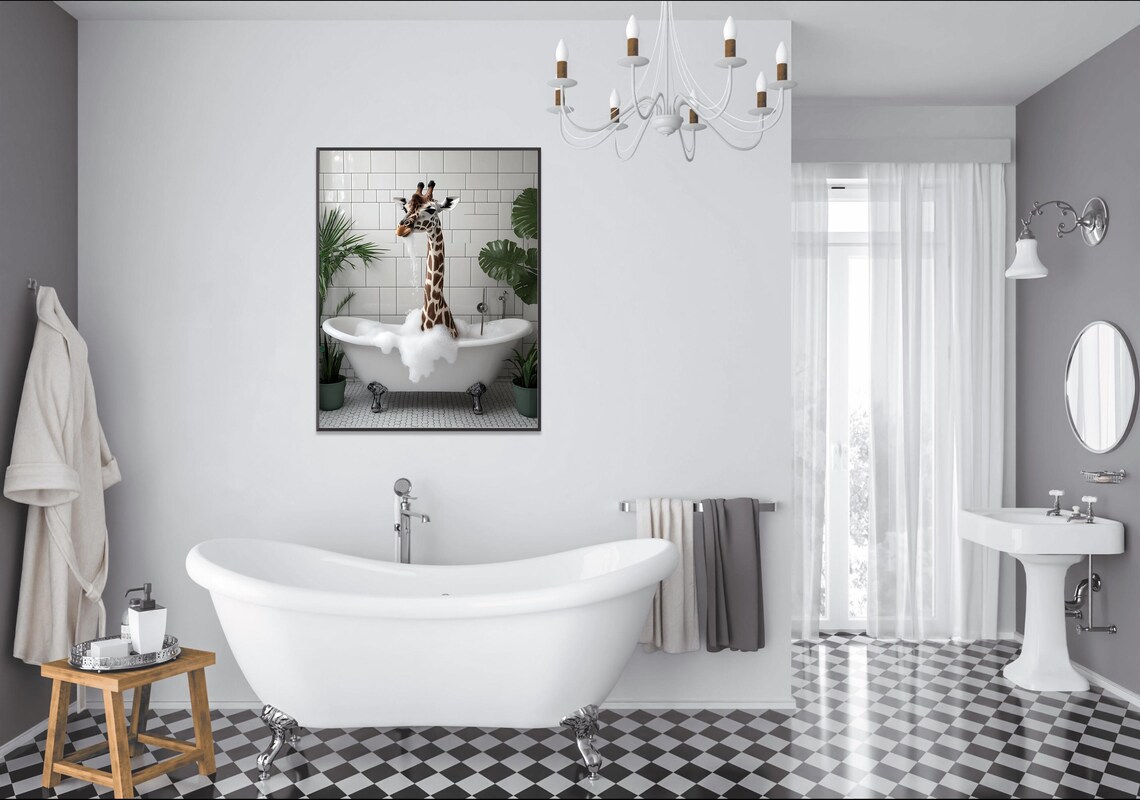 Giraffe Taking a Bubble Bath in a Clawfoot Tub Color Photography Poster - Image 2