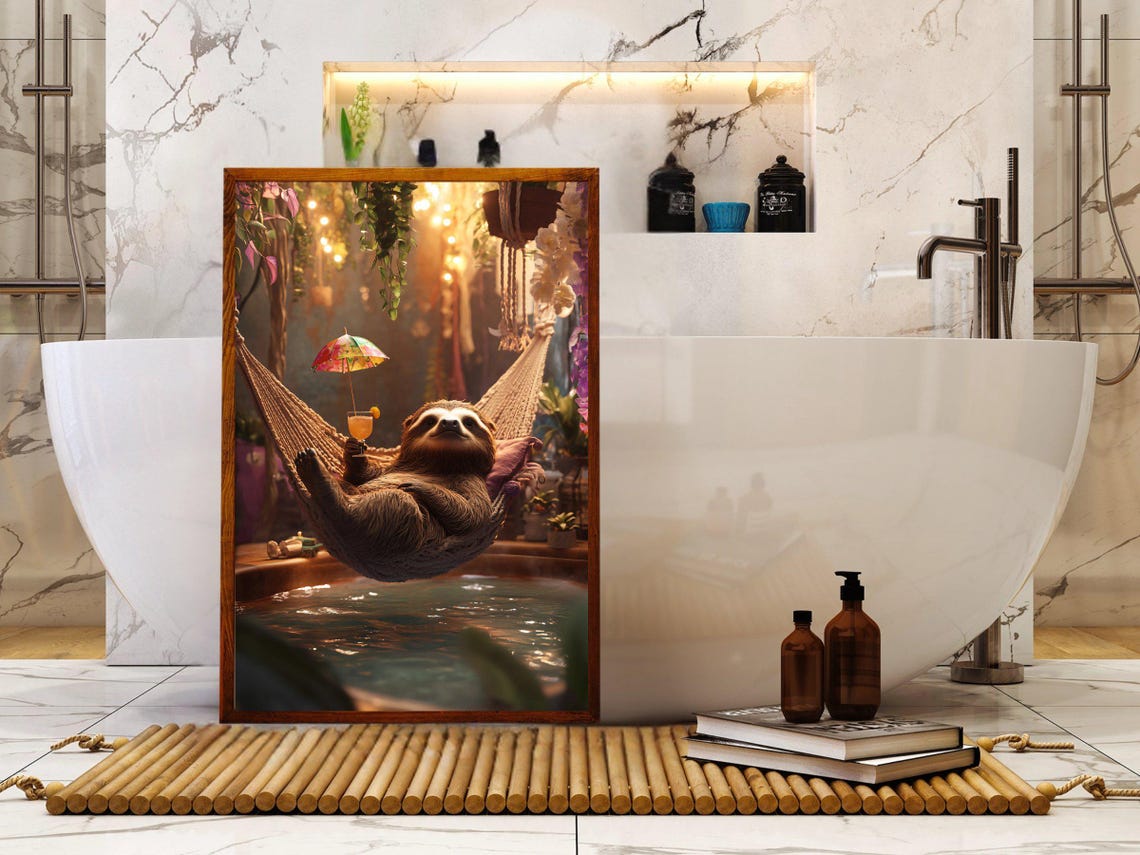 Sloth in a Hammock With Cocktail Over a Tropical Pool Poster - Image 5