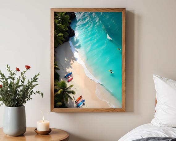 Tropical Beach Aerial View Surfboards Lush Palms Wall Art Coastal Decor Ocean Lovers Paradise Surfing Adventure Print