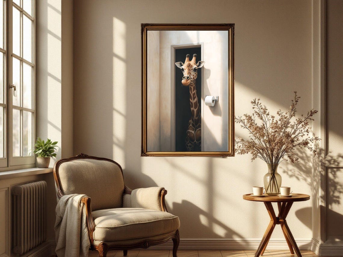 Friendly Giraffe Peeking Through the Bathroom Doorway Poster - Image 4