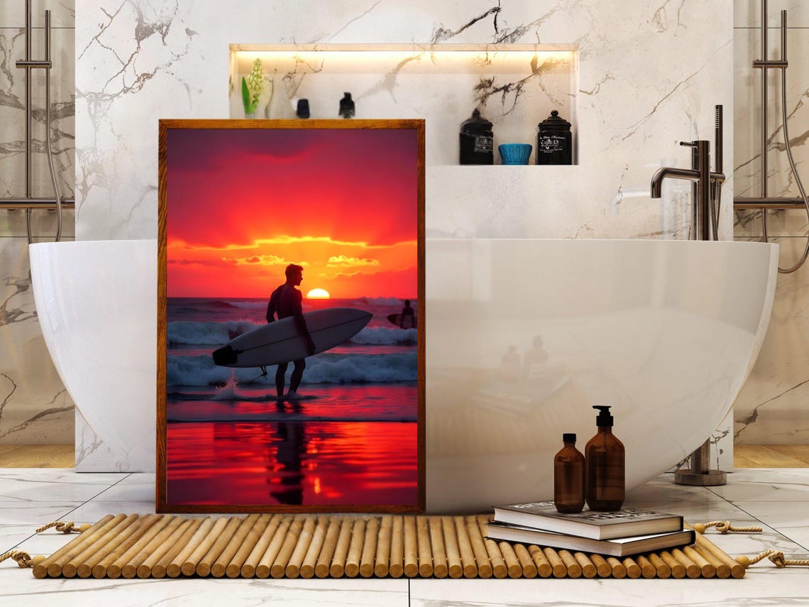 Surfer Silhouette Carrying Board Across Red Sunset Beach Poster - Image 2