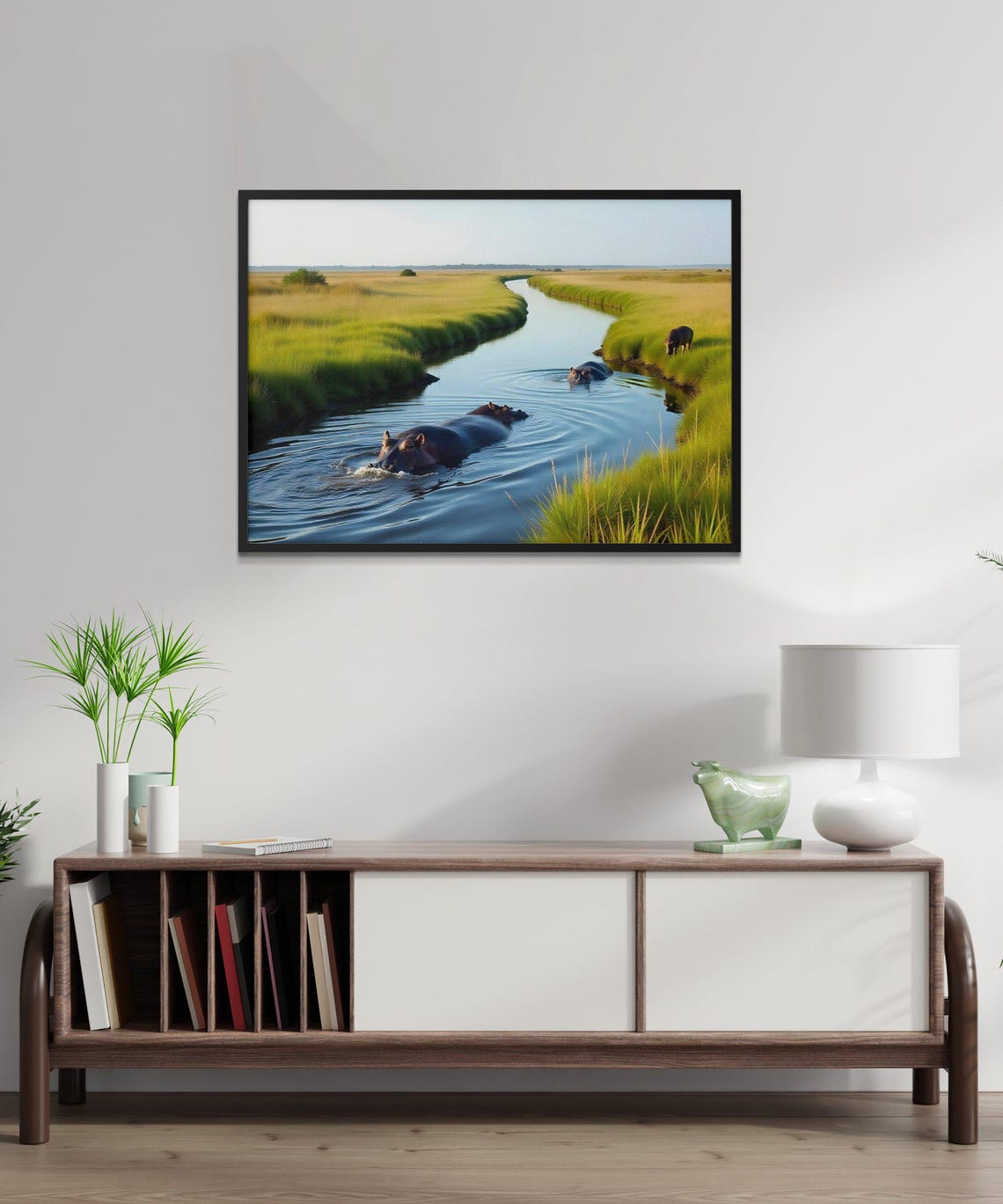 Hippos Swimming In A Winding African River Wildlife Nature Poster - Image 3