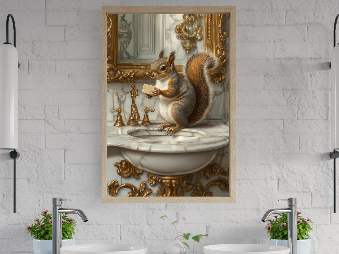 Squirrel Holding Soap on a Marble Sink Ornate Bathroom Wall Poster
