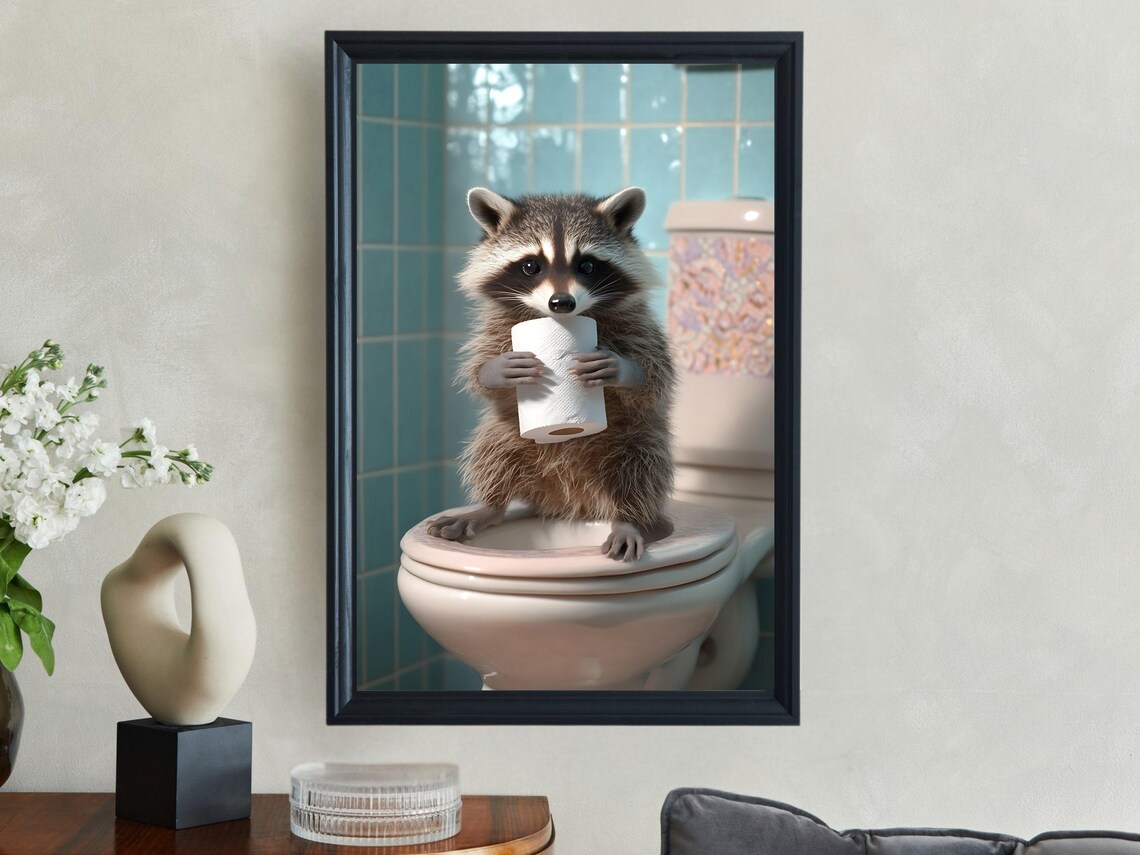 Cute Raccoon On Toilet Holding Toilet Paper Funny Bathroom Poster - Image 2