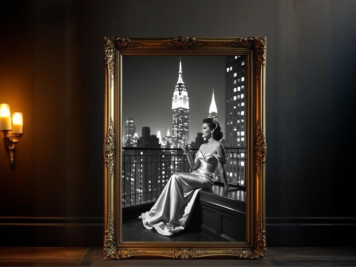 Woman in Satin Gown on New York Terrace at Night, B&W Poster