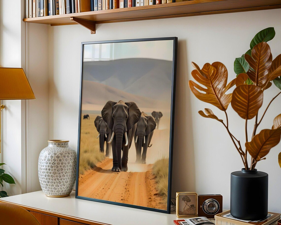 Elephant Herd Walking On A Dusty Savanna Road Under Morning Light Poster - Image 3