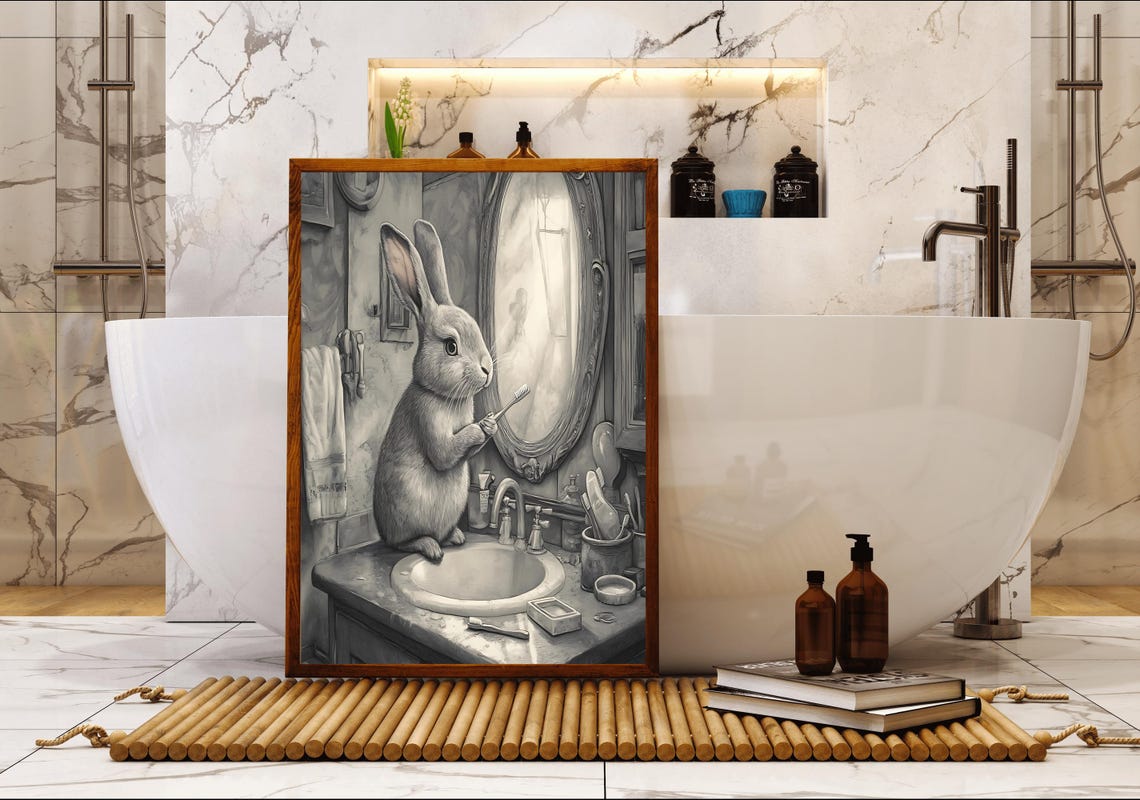 Rabbit Brushing Its Teeth at a Vintage Sink Monochrome Sketch Poster - Image 5