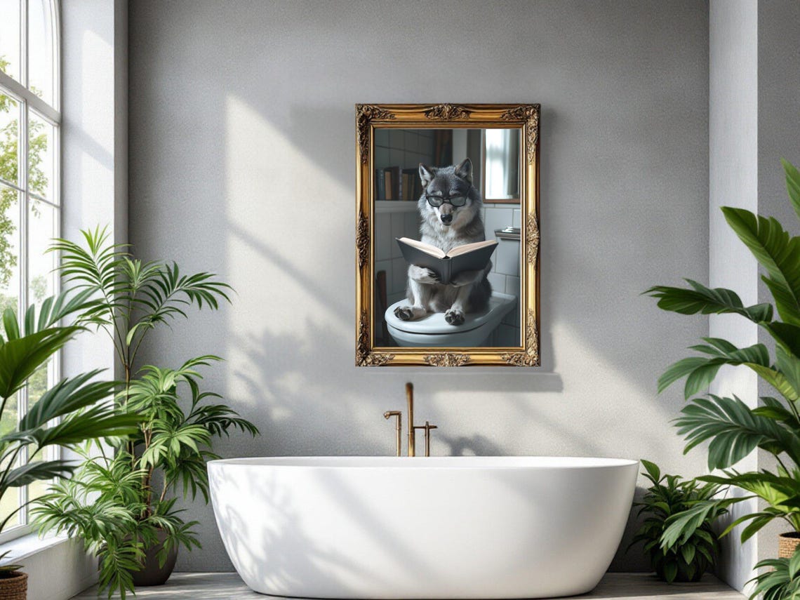Wolf Wearing Glasses Reading a Book While Sitting on the Toilet Poster - Image 3