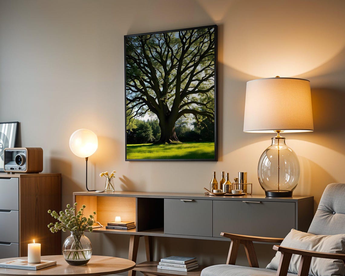 Majestic Spreading Tree Over a Green Meadow Landscape Poster - Image 5