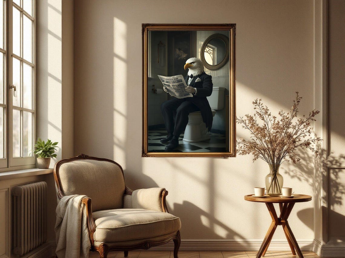 Bald Eagle in a Tuxedo Reading Newspaper on the Toilet Poster - Image 4
