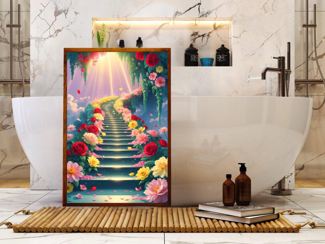 Heavenly Floral Staircase Rising Into Sky Rose Light Art Print - Image 5