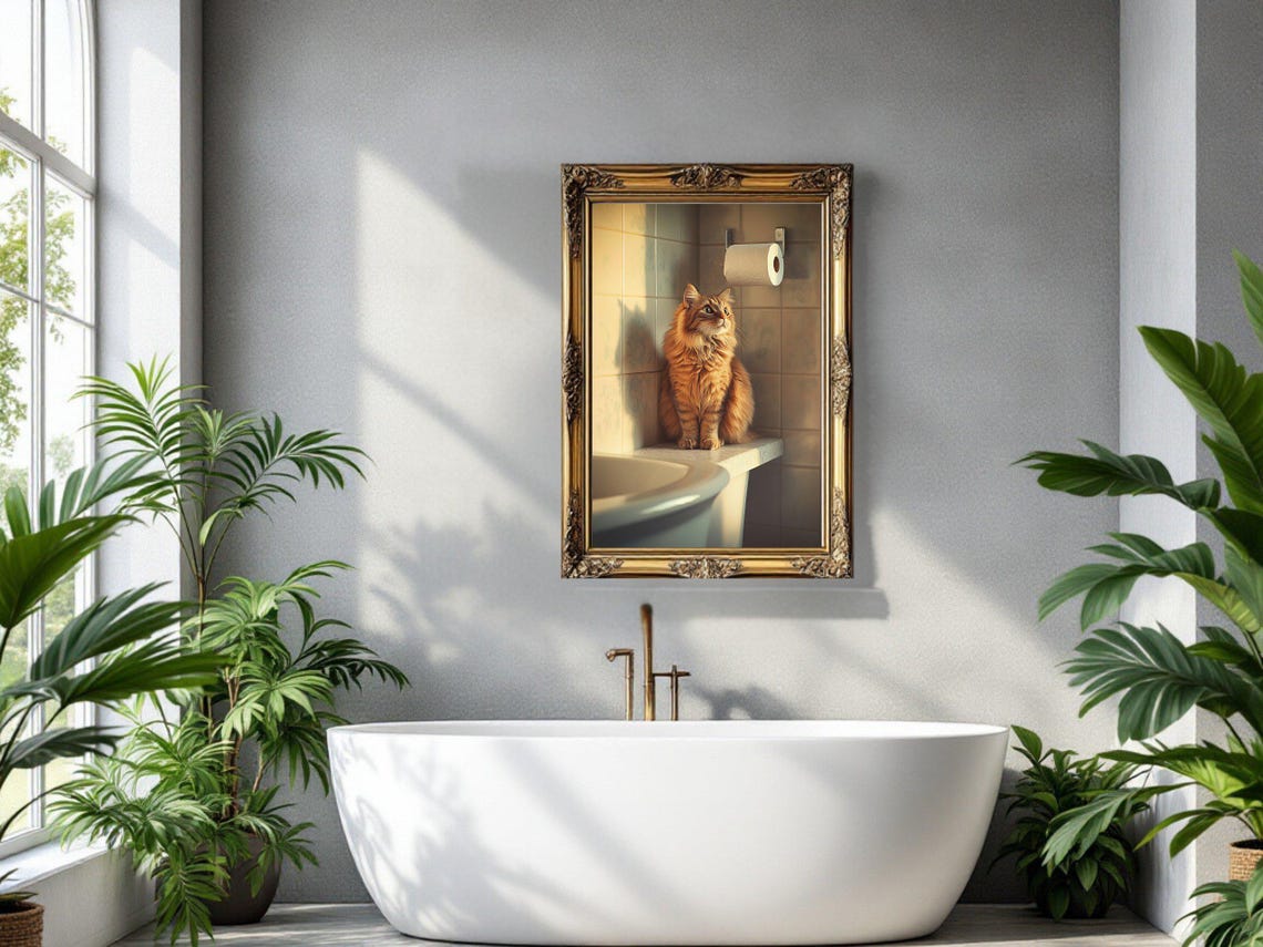 Long Haired Ginger Cat Resting on Counter in a Sunlit Bathroom Poster - Image 3