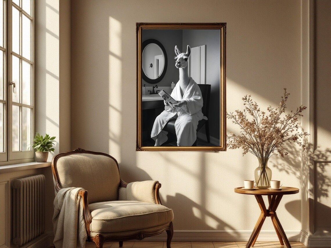 Llama In White Bathrobe Reading Newspaper Black And White Animal Poster - Image 4