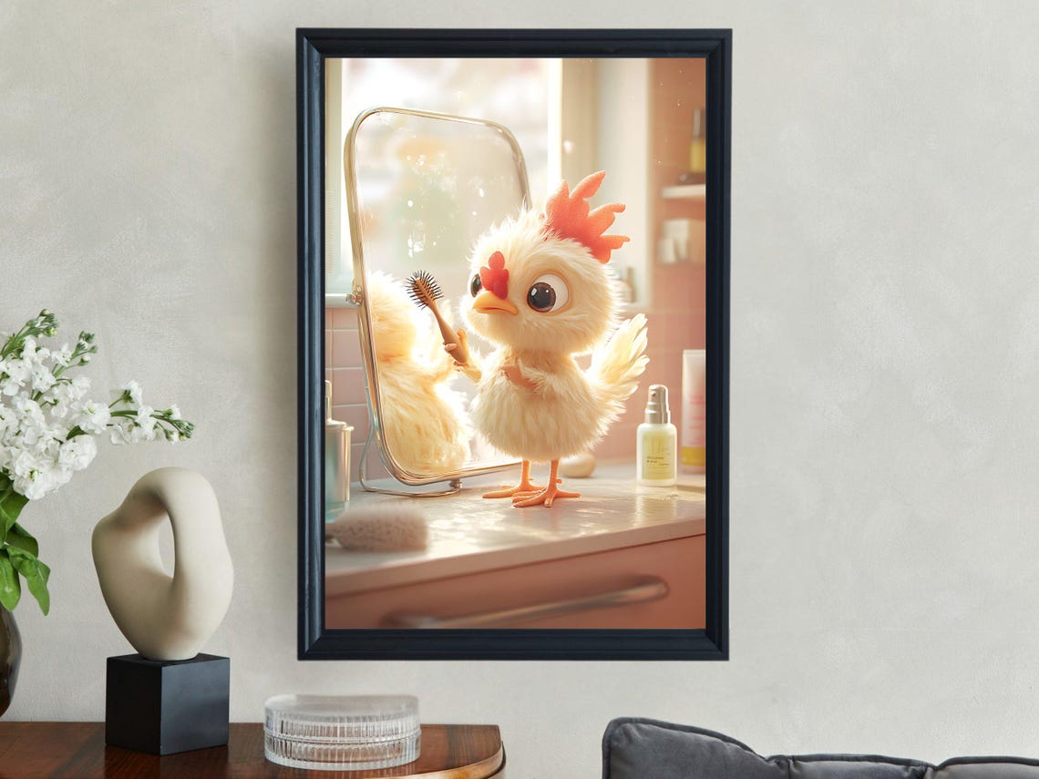 Cute Fluffy Chick Brushing Its Feathers Before the Mirror Poster - Image 2