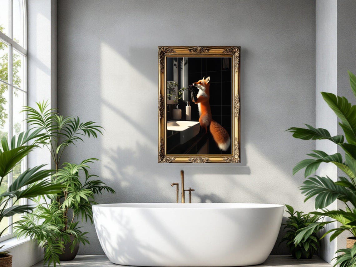 Red Fox Standing at the Bathroom Sink Brushing Its Teeth Poster - Image 3