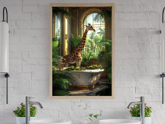 Giraffe Bathing in a Marble Tub Tropical Conservatory Night Poster