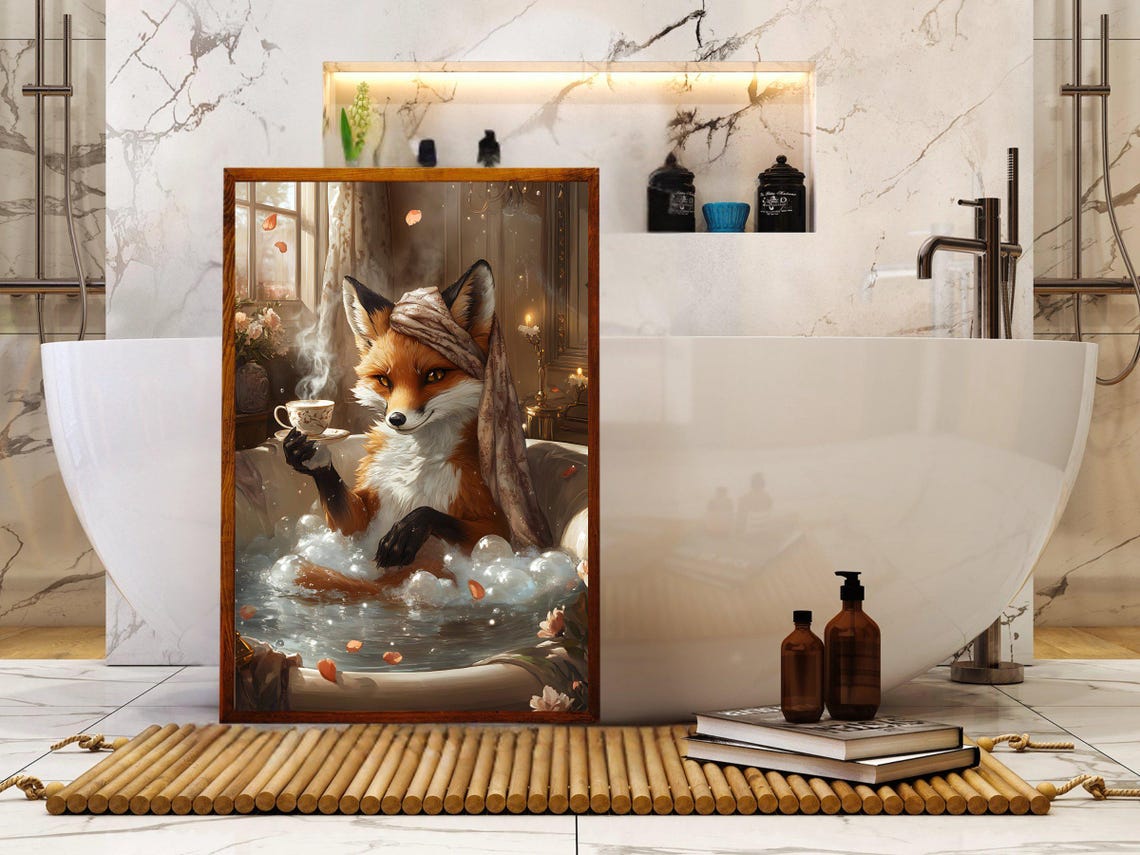 Elegant Fox Enjoying Hot Tea in a Rose Petal Bubble Bath Poster - Image 5