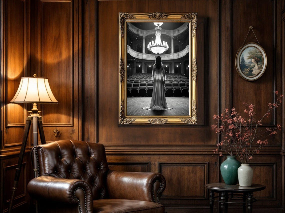 Woman in Gown Facing Empty Theater Stage, Dramatic B&W Poster - Image 5