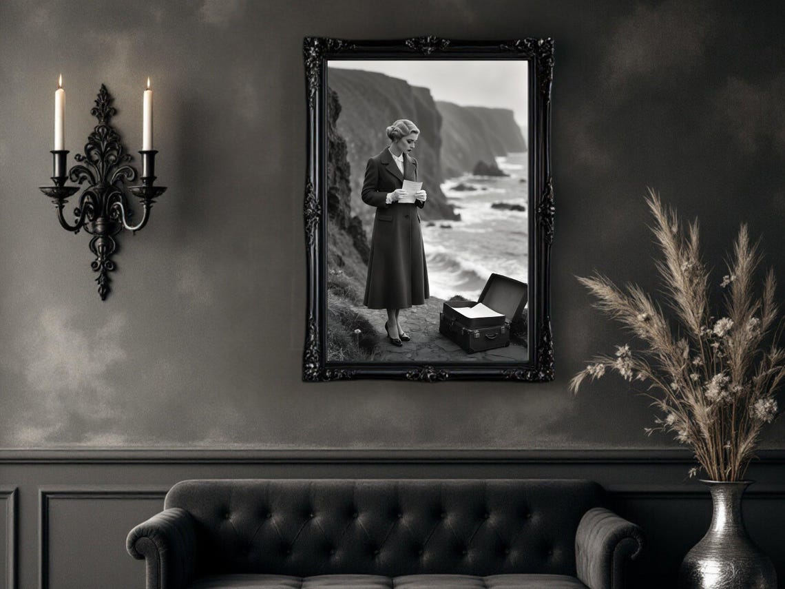 Vintage Woman Reading Letter on Coastal Cliff with Suitcase Poster - Image 4