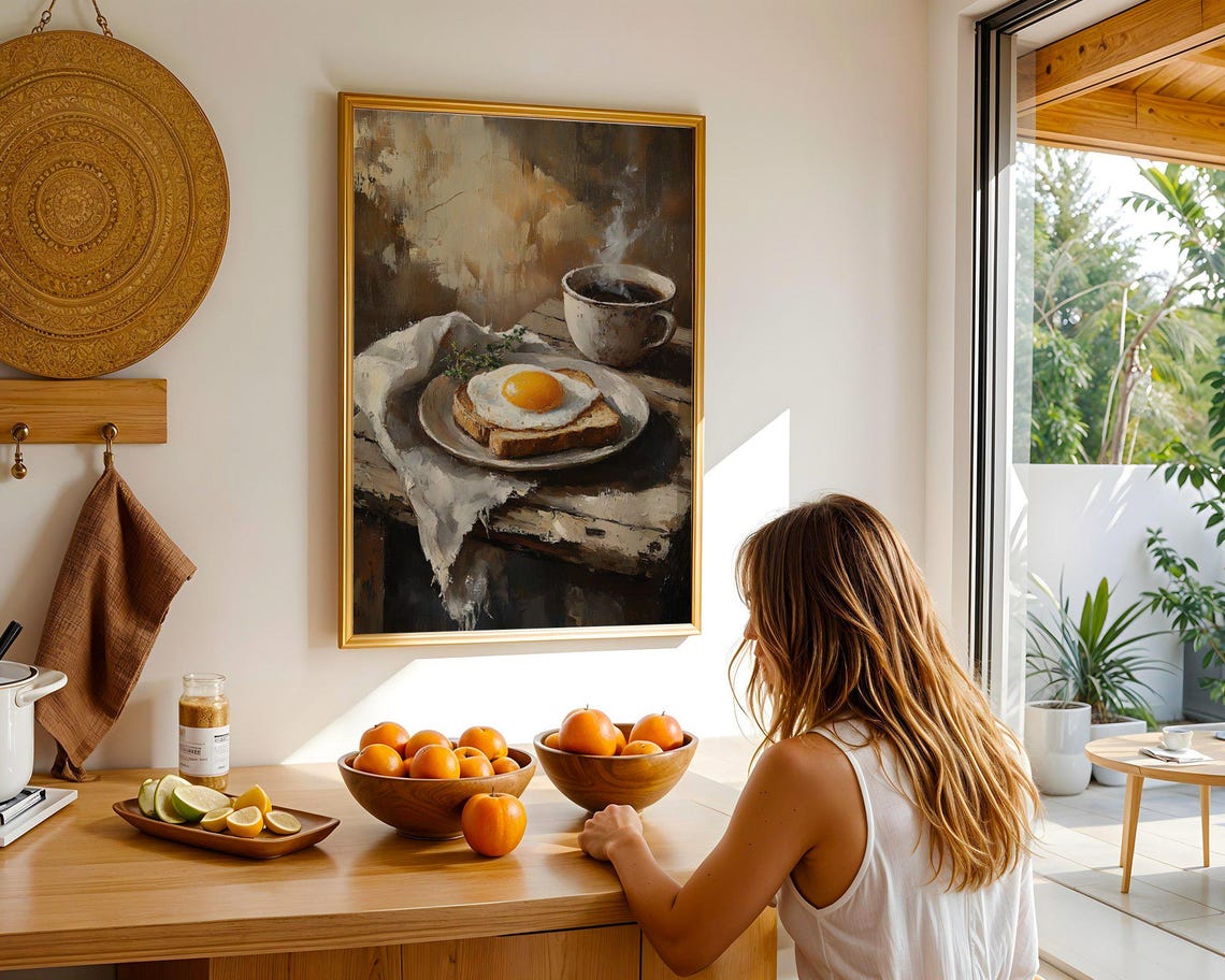 Rustic Breakfast Wall Art Fried Egg On Toast Coffee Painting Kitchen Decor Farmhouse Style Vintage Food Art Print Coffee Lover Gift - Image 4