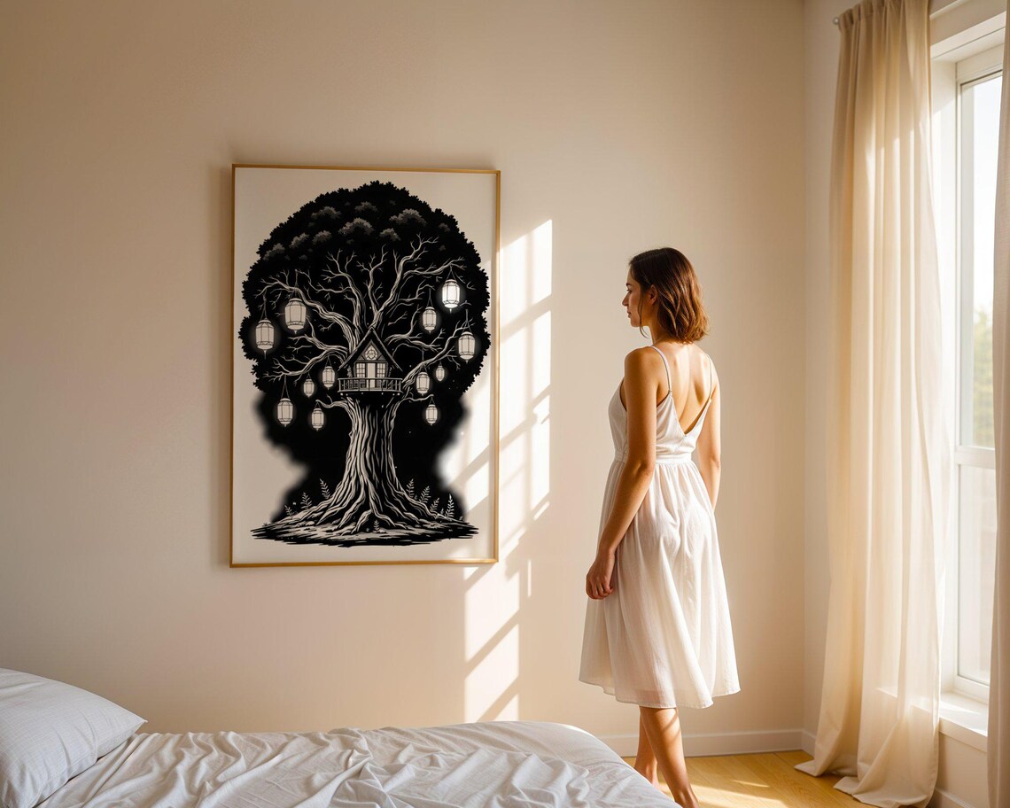 Enchanting Treehouse With Lanterns Wall Art Mystical Black And White Tree Illustration Print Nature Inspired Bohemian Decor - Image 5