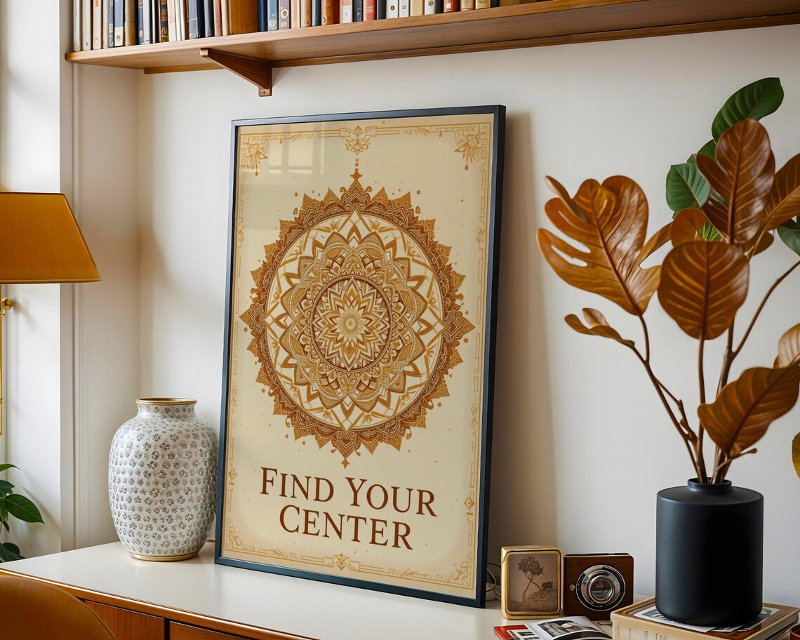 Find Your Center Intricate Golden Mandala Mindfulness Quote Poster - Image 3