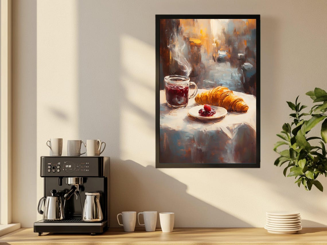 Buttery Croissant and Hot Tea on a Parisian Cafe Table Poster - Image 2