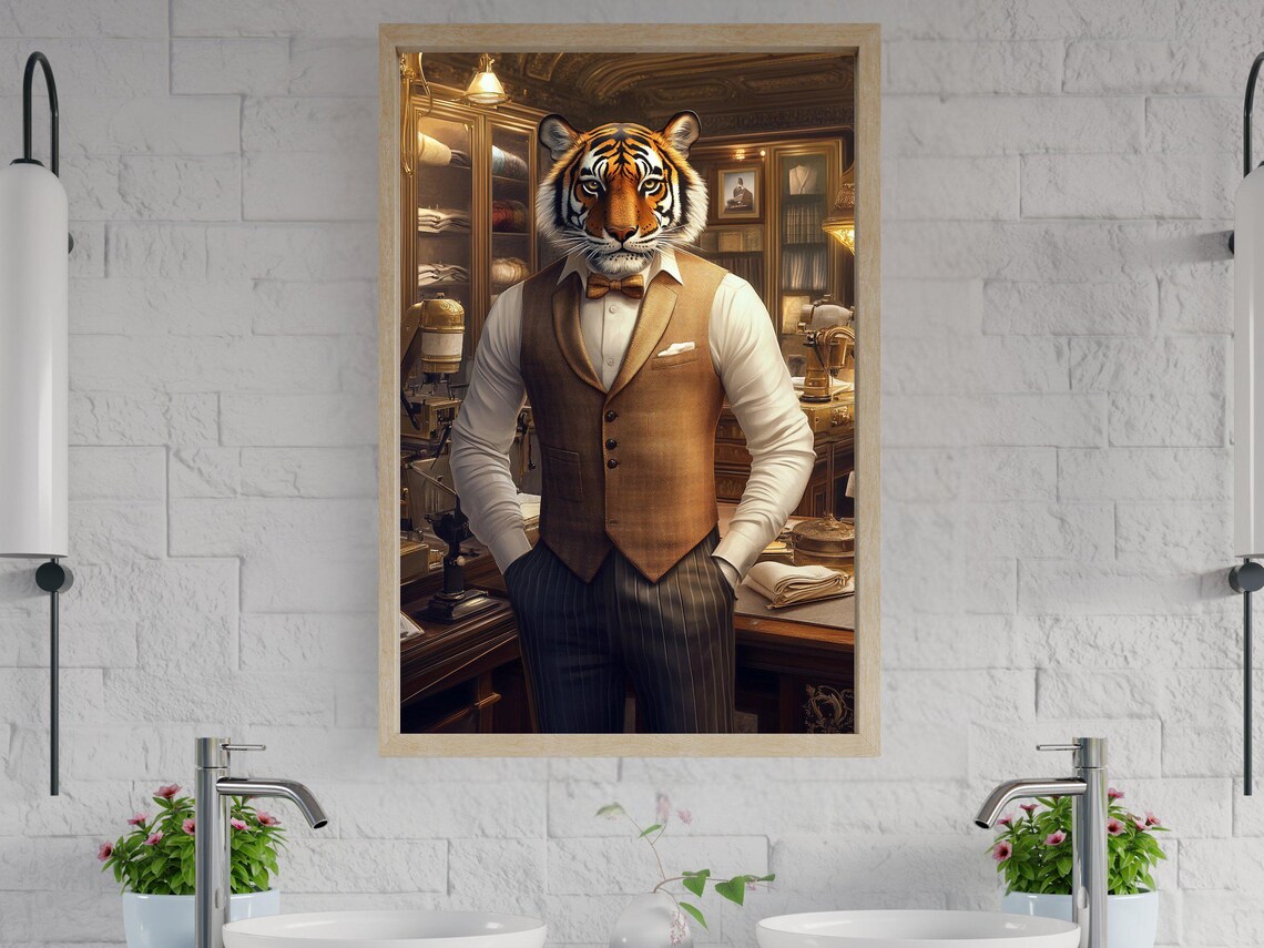 Dapper Tiger in Suit and Bow Tie Vintage Office Portrait Poster