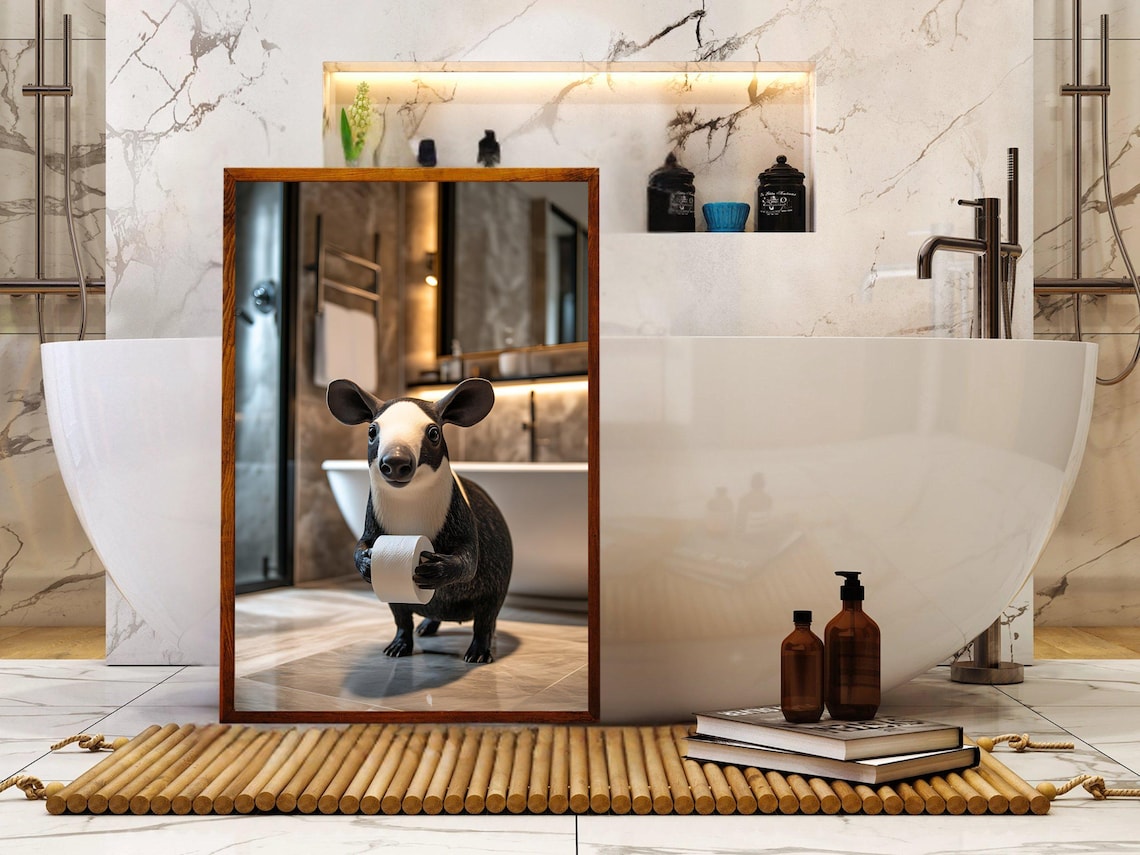Tapir Holding a Toilet Paper Roll in a Warm Modern Bathroom Poster - Image 5