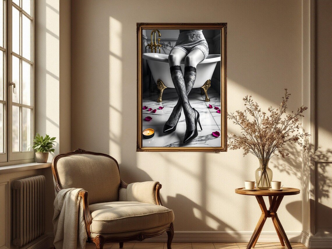 Woman's Legs in Lace Stockings on a Marble Bathtub Edge Poster - Image 2