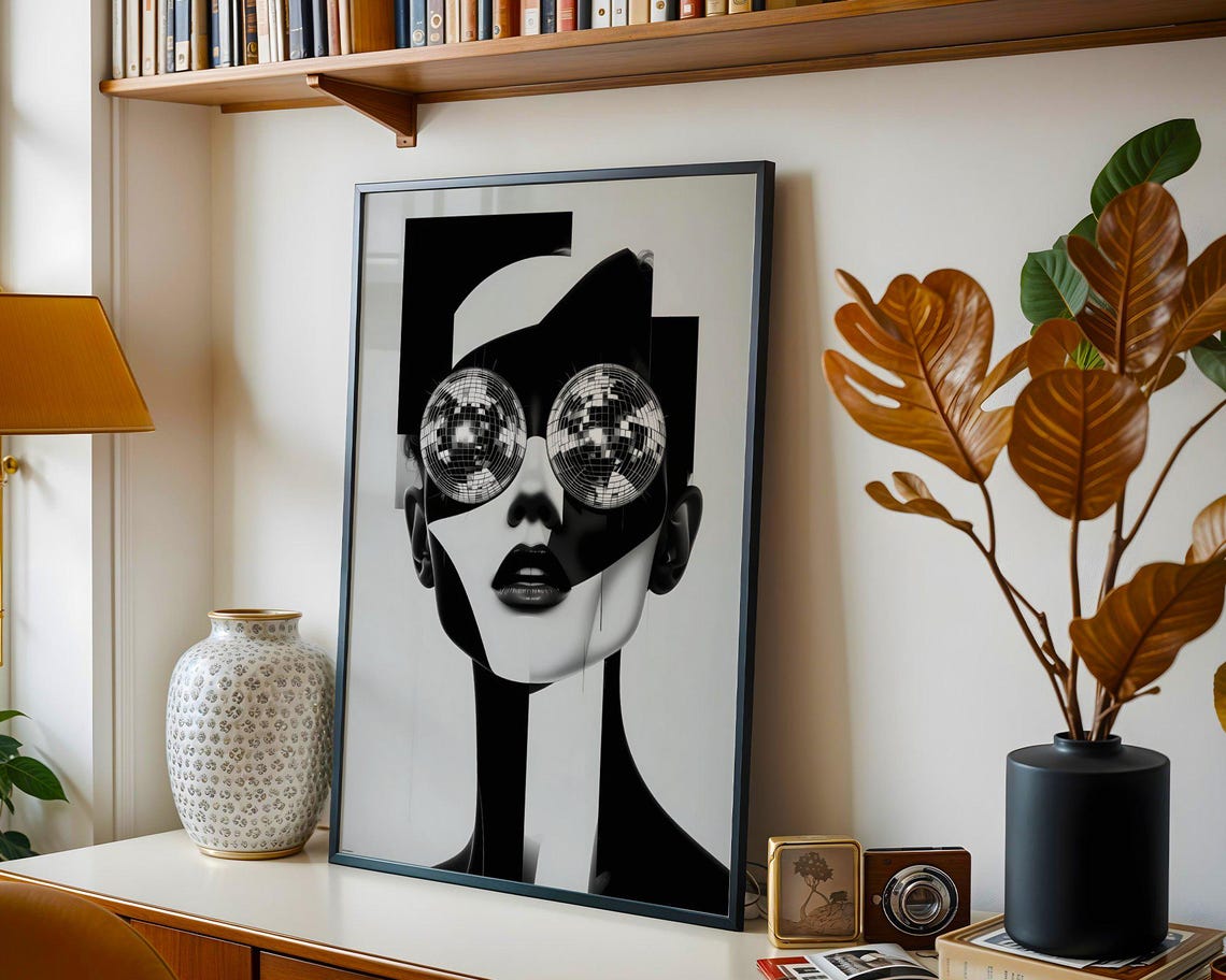 Modern Abstract Wall Art Black And White Geometric Print Contemporary Disco Ball Eyes Unique Artwork Poster - Image 2