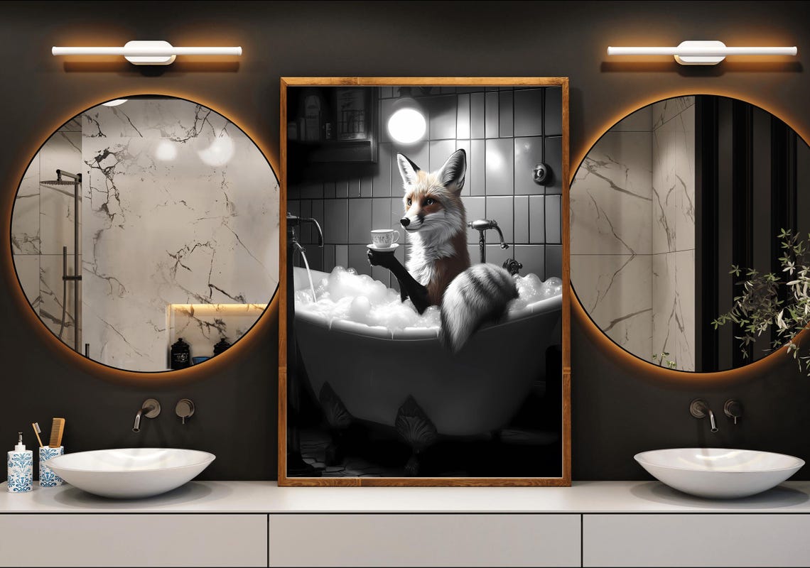 Fox Sipping Tea in a Bubble Bath Black and White Whimsical Poster - Image 3