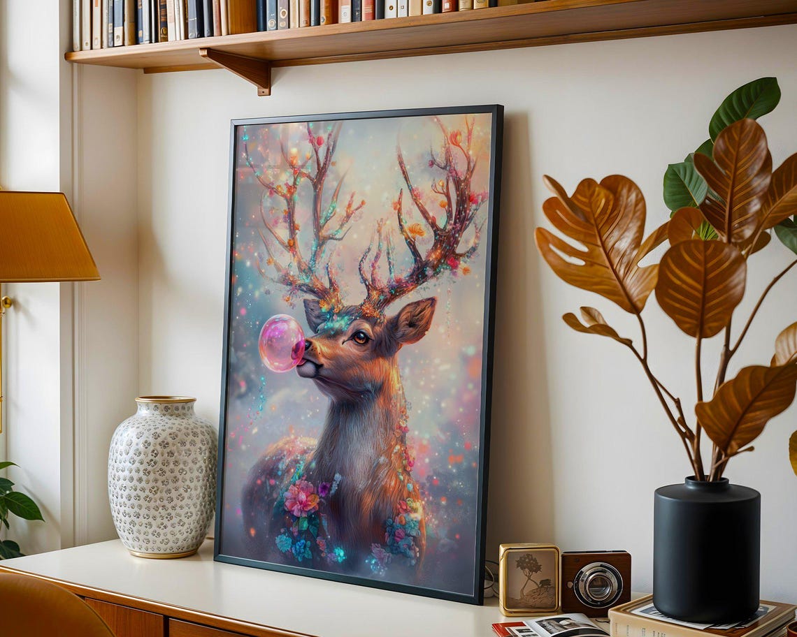Magical Deer With Blossom Antlers Blowing Pink Bubble Poster - Image 2